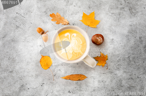 Image of cup of coffee, autumn leaves, acorns and chestnut