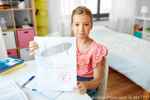 Image of sad student girl with failed school test at home