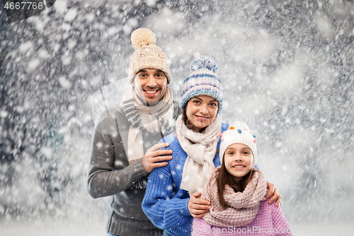 Image of happy family in winter clothes on snow background