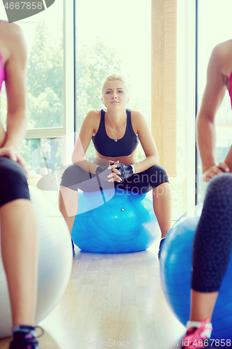 Image of group of people exercise with balls on yoga class
