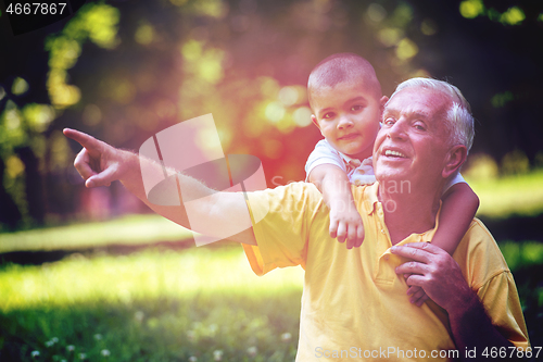 Image of grandfather and child have fun  in park