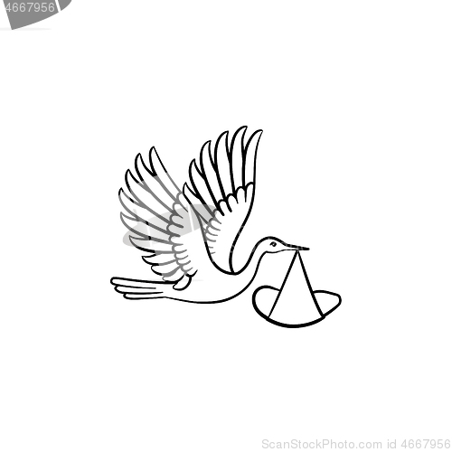 Image of A stork carrying a wraped baby hand drawn outline doodle icon.