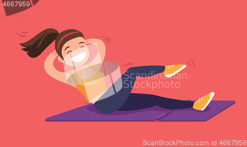 Image of Young caucasian white woman doing crunches.