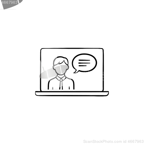 Image of Laptop display with video chat hand drawn outline doodle icon.