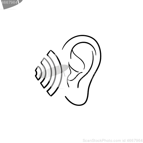Image of Human ear with sound waves hand drawn outline doodle icon.