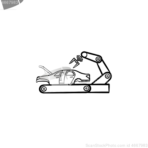 Image of Car factory with robotic arm hand drawn outline doodle icon.