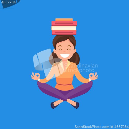 Image of Business woman meditating in lotus position.