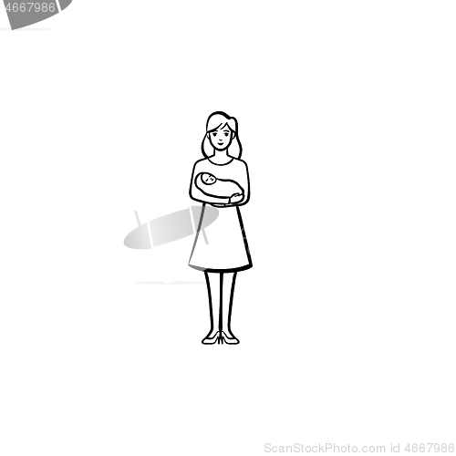 Image of A mother holding a baby hand drawn outline doodle icon.