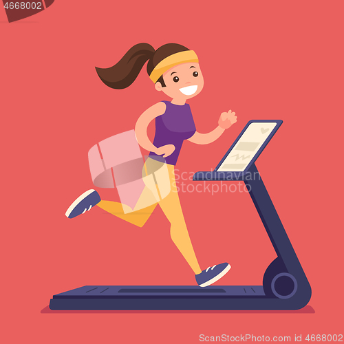 Image of Young caucasian white woman running on treadmill.