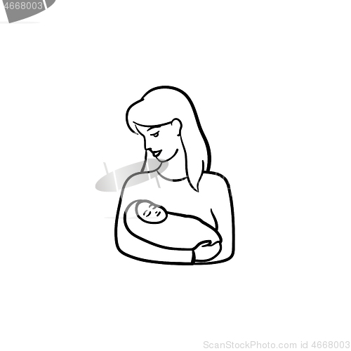 Image of A woman with wraped baby hand drawn outline doodle icon.