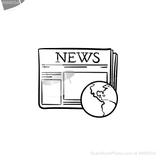 Image of A newspaper with a globe hand drawn outline doodle icon.