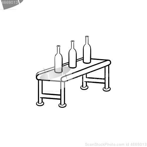 Image of Conveyor belt with bottles hand drawn outline doodle icon.