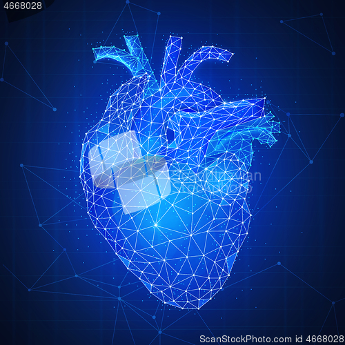 Image of Polygon human\'s heart on blue background.