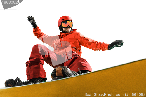 Image of Portrait of young man in sportswear with snowboard isolated on a white background.