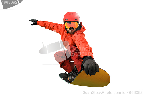 Image of Portrait of young man in sportswear with snowboard isolated on a white background.