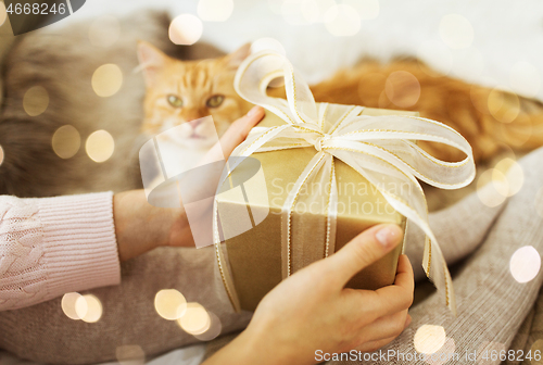 Image of close up of female hands holding christmas gift