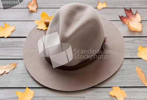 Image of hat and fallen autumn leaves on gray wooden boards