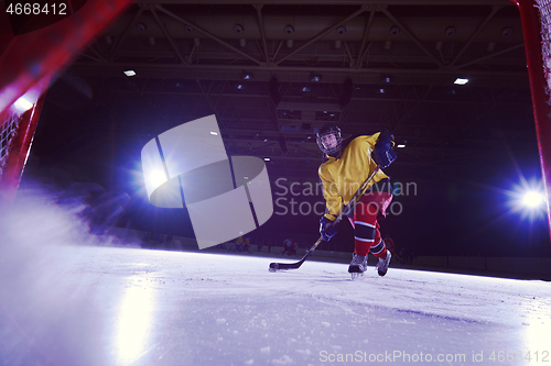 Image of teen ice hockey player in action