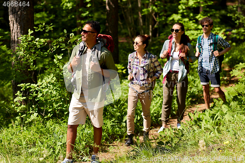 Image of group of friends with backpacks hiking in forest