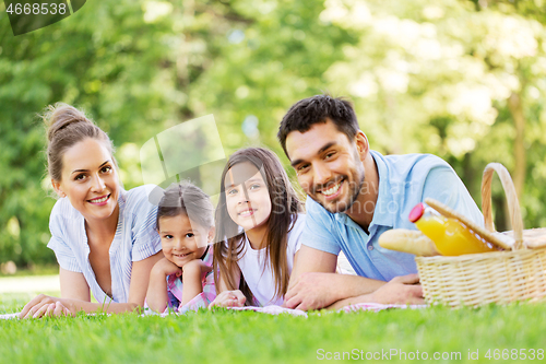 Image of family laying on picnic blanket in summer park