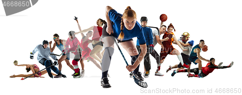 Image of Sport collage of professional athletes or players isolated on white background, flyer