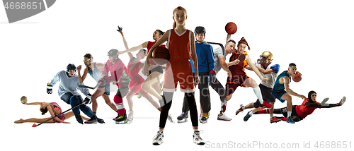 Image of Sport collage of professional athletes or players isolated on white background, flyer