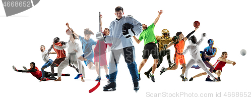 Image of Sport collage of professional athletes or players isolated on white background, flyer