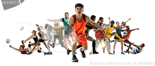 Image of Sport collage of professional athletes or players isolated on white background, flyer