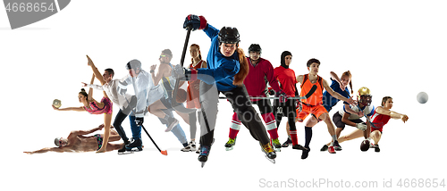 Image of Sport collage of professional athletes or players isolated on white background, flyer