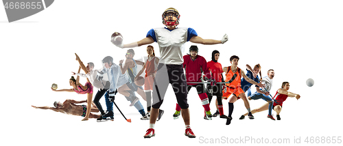 Image of Sport collage of professional athletes or players isolated on white background, flyer