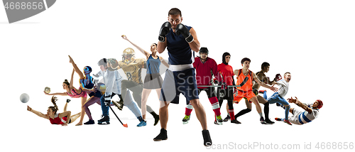 Image of Sport collage of professional athletes or players isolated on white background, flyer