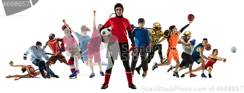 Image of Sport collage of professional athletes or players isolated on white background, flyer
