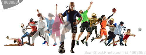 Image of Sport collage of professional athletes or players isolated on white background, flyer