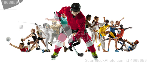 Image of Sport collage of professional athletes or players isolated on white background, flyer