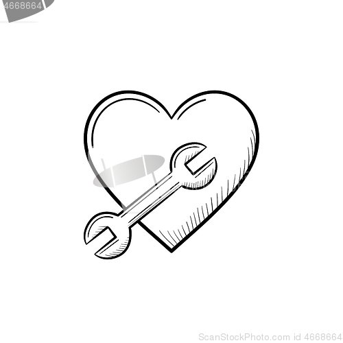 Image of A heart symbol with a wrench hand drawn outline doodle icon.