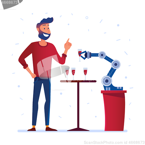 Image of Robotic hand serves wine to a man