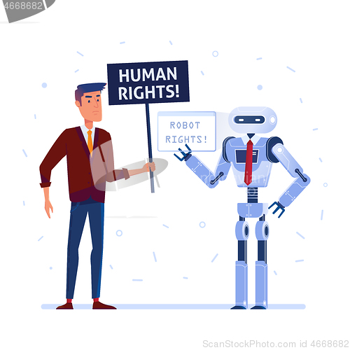 Image of Robot and human fighting for the rights.