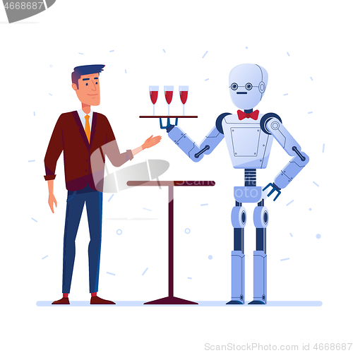 Image of Robot waiter serves wine to a man