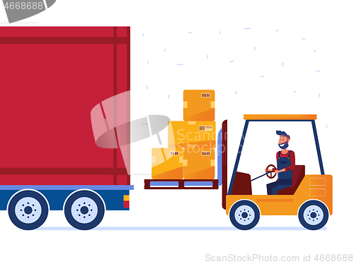 Image of Warehouse worker is loading truck with modern forklift