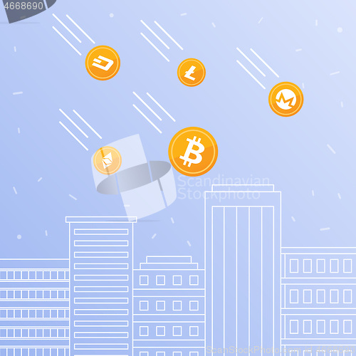 Image of Cryptocurrency coins falling to the downtown skyscrapers.