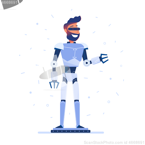 Image of A man with robot body in VR headset.