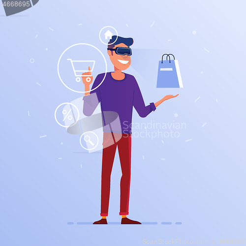 Image of A caucasian man in VR headset doing online shopping.