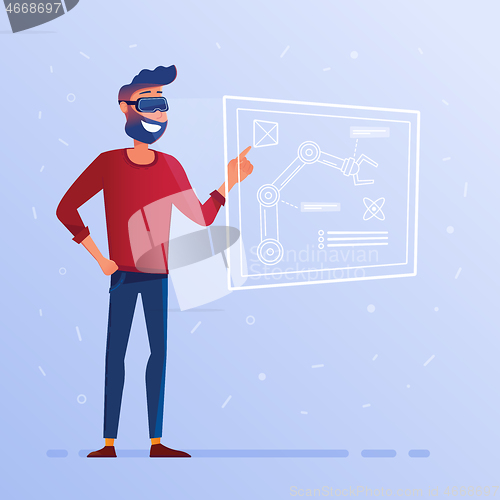 Image of A man in VR headset with hud interface showing technological blueprint with robotic arm