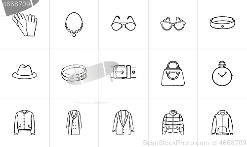 Image of Clothing and accessory sketch icon set.