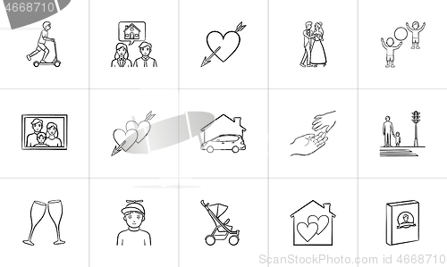 Image of Wedding and family hand drawn sketch icon set.