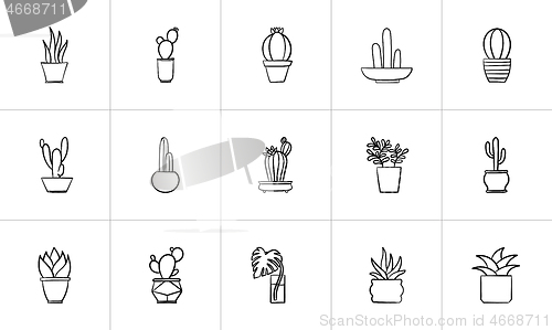 Image of House potted plants and flowers sketch icon set.