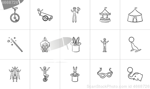 Image of Circus hand drawn sketch icon set.