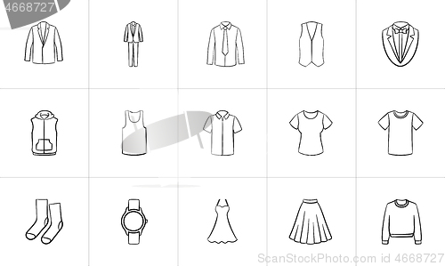 Image of Clothing and accessory sketch icon set.