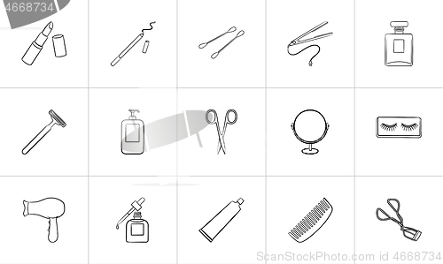 Image of Beauty accessories hand drawn sketch icon set.