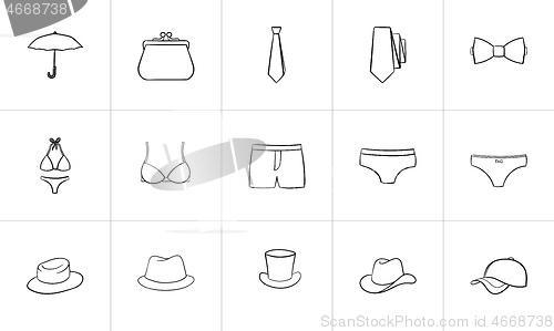 Image of Clothing and accessory sketch icon set.